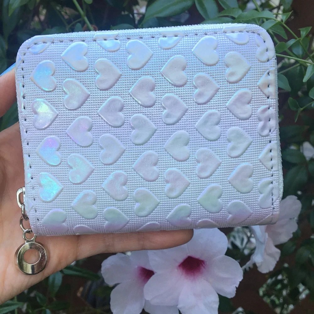 Iridescent White Heart Embossed Faux Leather Boho Wallet